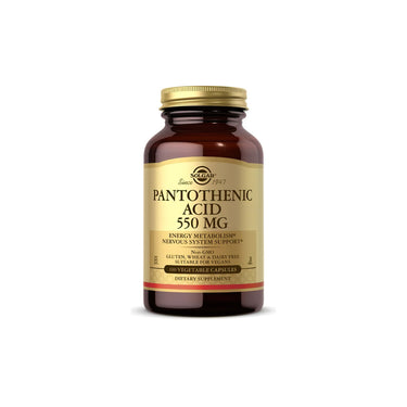 Solgar Pantothenic Acid 550 mg dietary supplement capsules, containing 200mg of pantothenic acid.